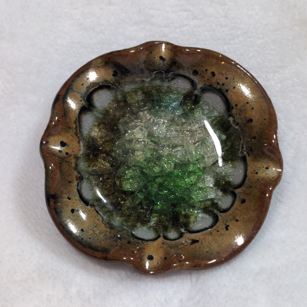 Down to Earth Pottery Co Trinket Dish Brown Green Melted Sea Glass Recycled 3.5"